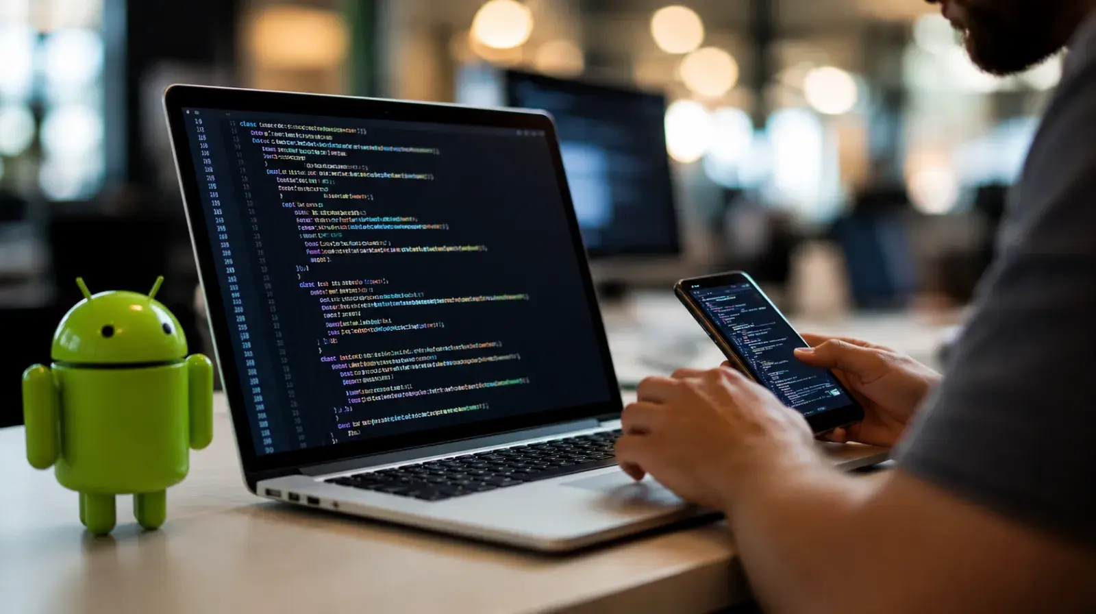 Android developer writing Kotlin code on a laptop in Lucknow