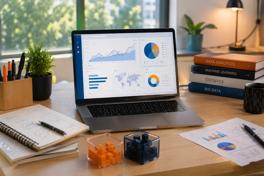 Data science trainee analysing charts and dashboards on a laptop